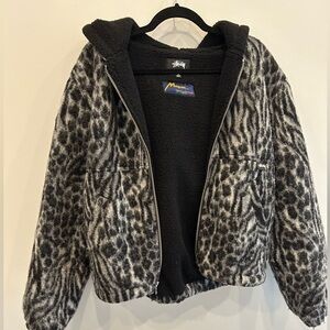 Stussy wool leopard print zip hoodie jacket